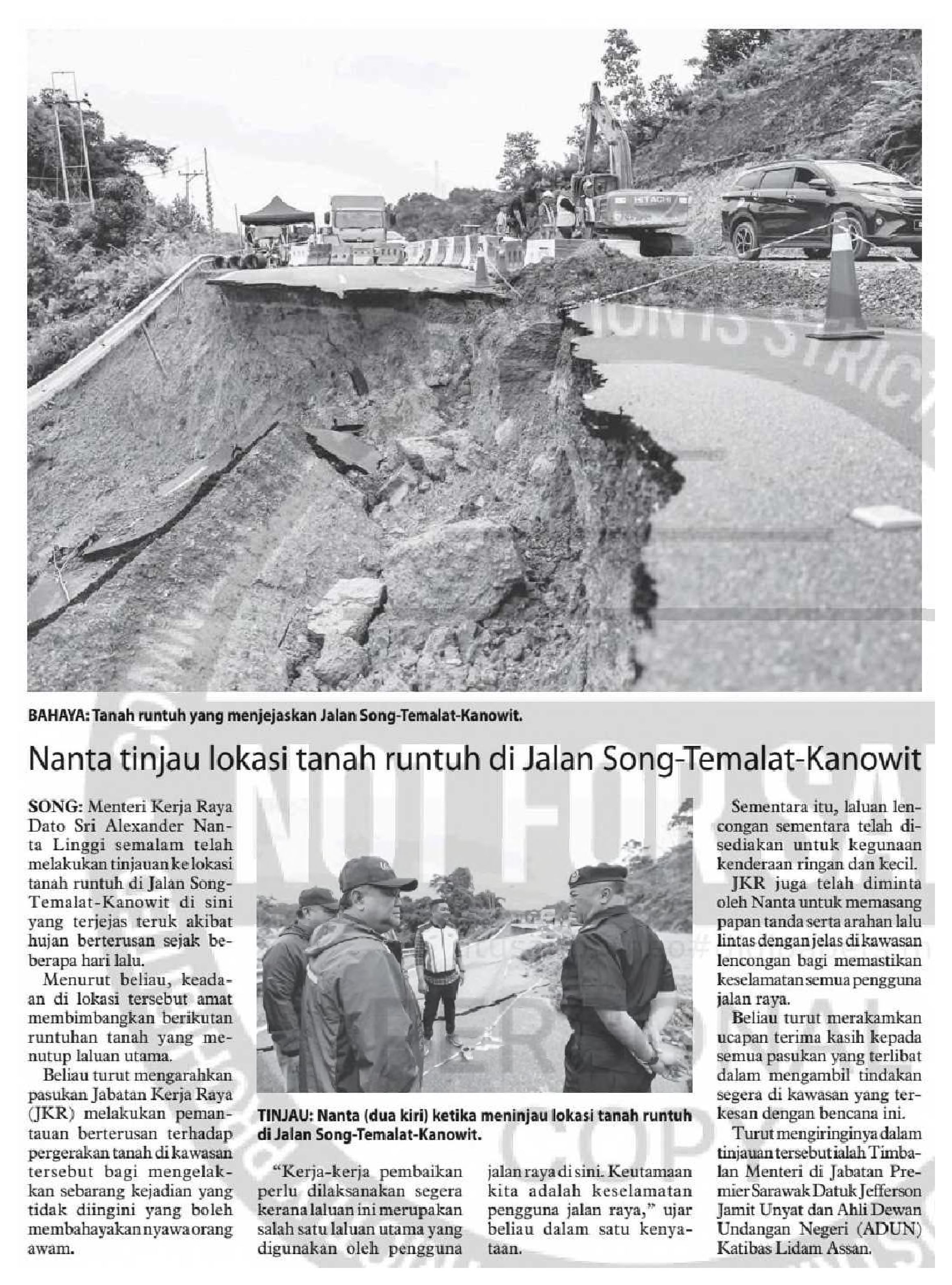 2 Februari 2025, Sarawak - Nanta tinjau lokasi tanah runtuh di Jalan Song-Temalat-Kanowit (Utusan Borneo Sarawak)